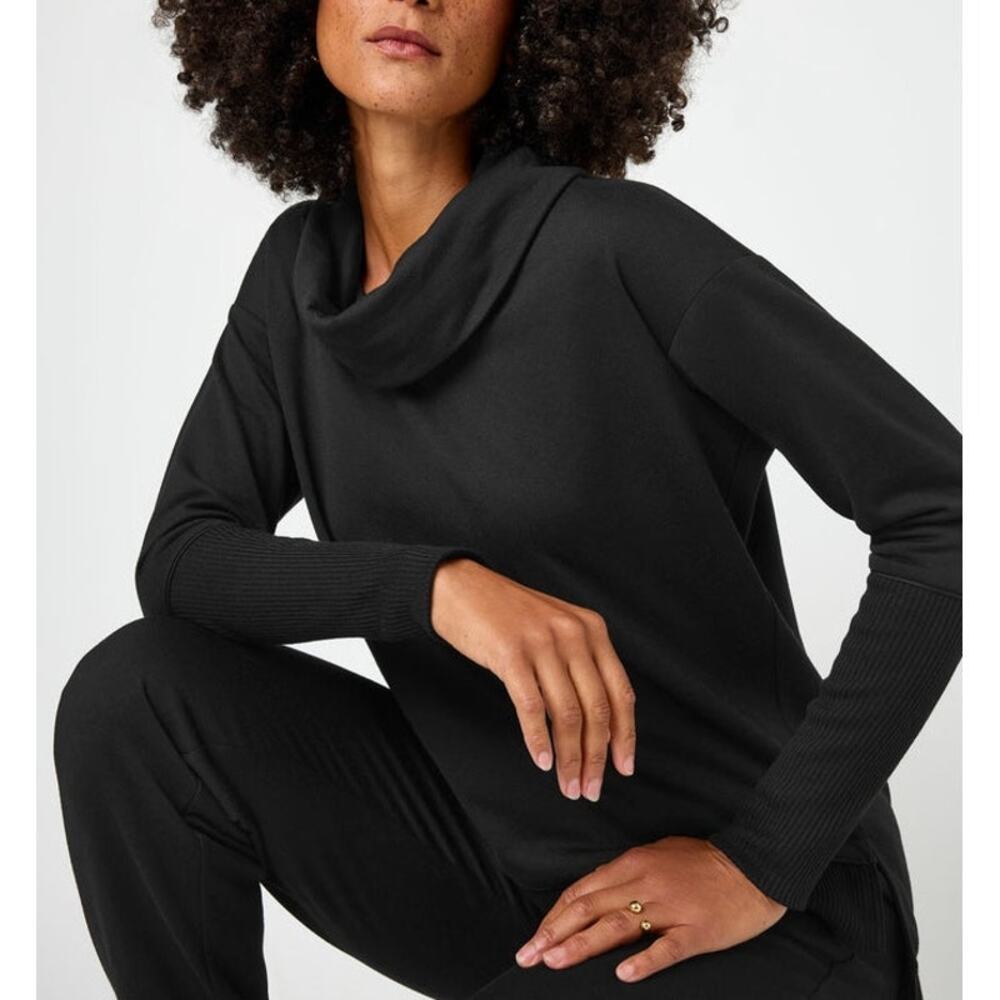 Splendid Quiet Luxury Waffle Knit Cowl Neck Top Long Sleeve Size XS Black Casual